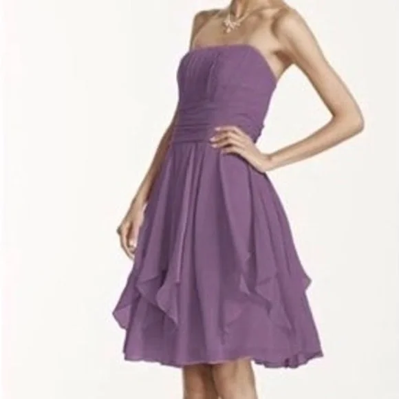 david's bridal strapless chiffon dress with layered skirt NWT David's Bridal Strapless Chiffon Dress w/ Layered Skirt in Guava Pink SZ 14